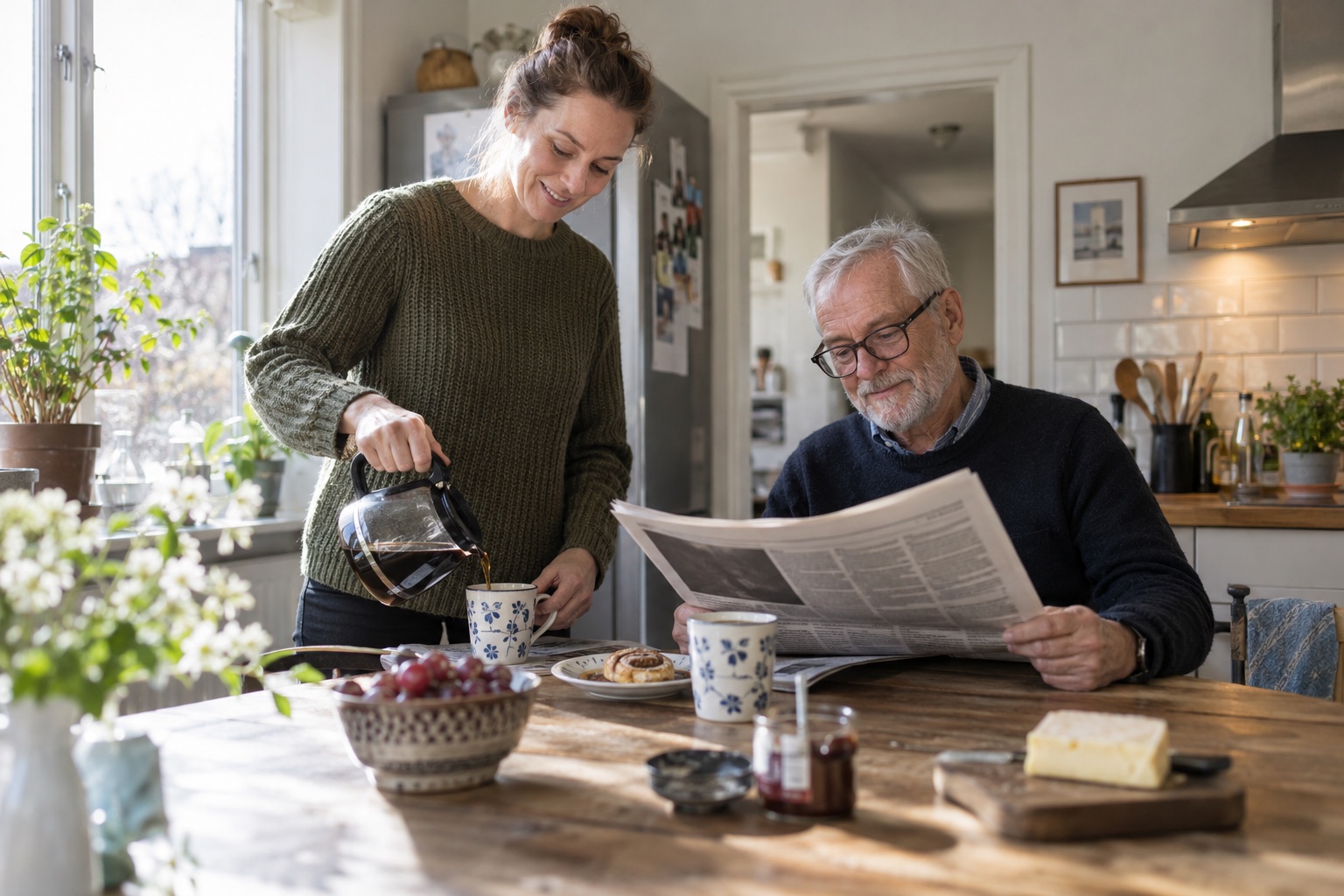 To generationer deler kaffe og læsning i et køkken